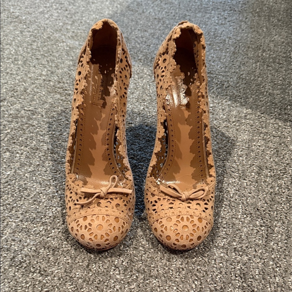 Alaia Beige Suede Laser Cut Pumps